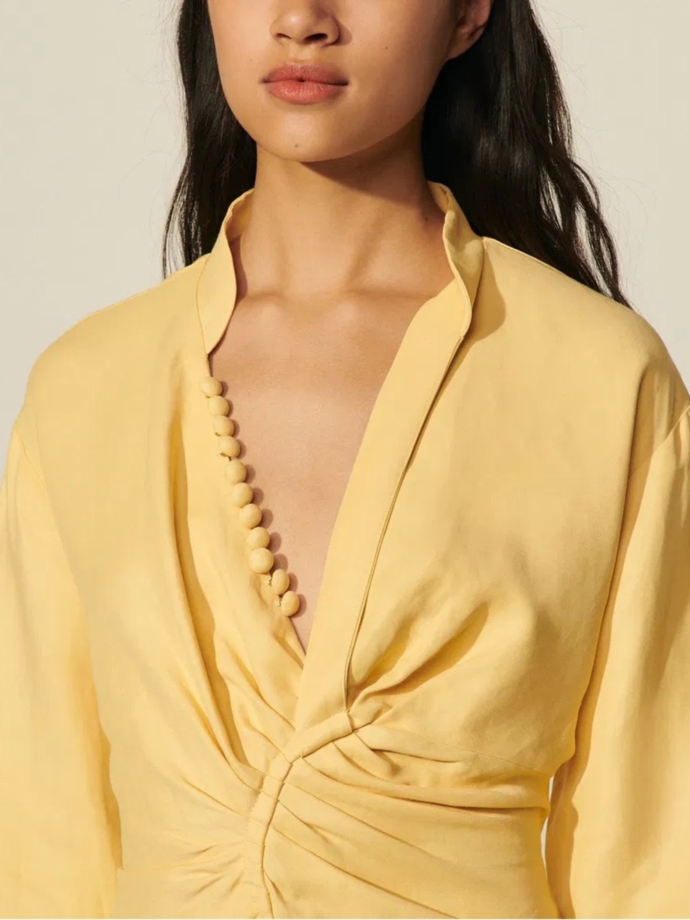 Sandro Yellow Linen Mini Dress with Long Sleeves and Twist Front - Picture 5 of 6